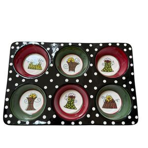 Pier 1 Imports Hand Painted Ovenware 6 Muffin Pan Tray Christmas Presents